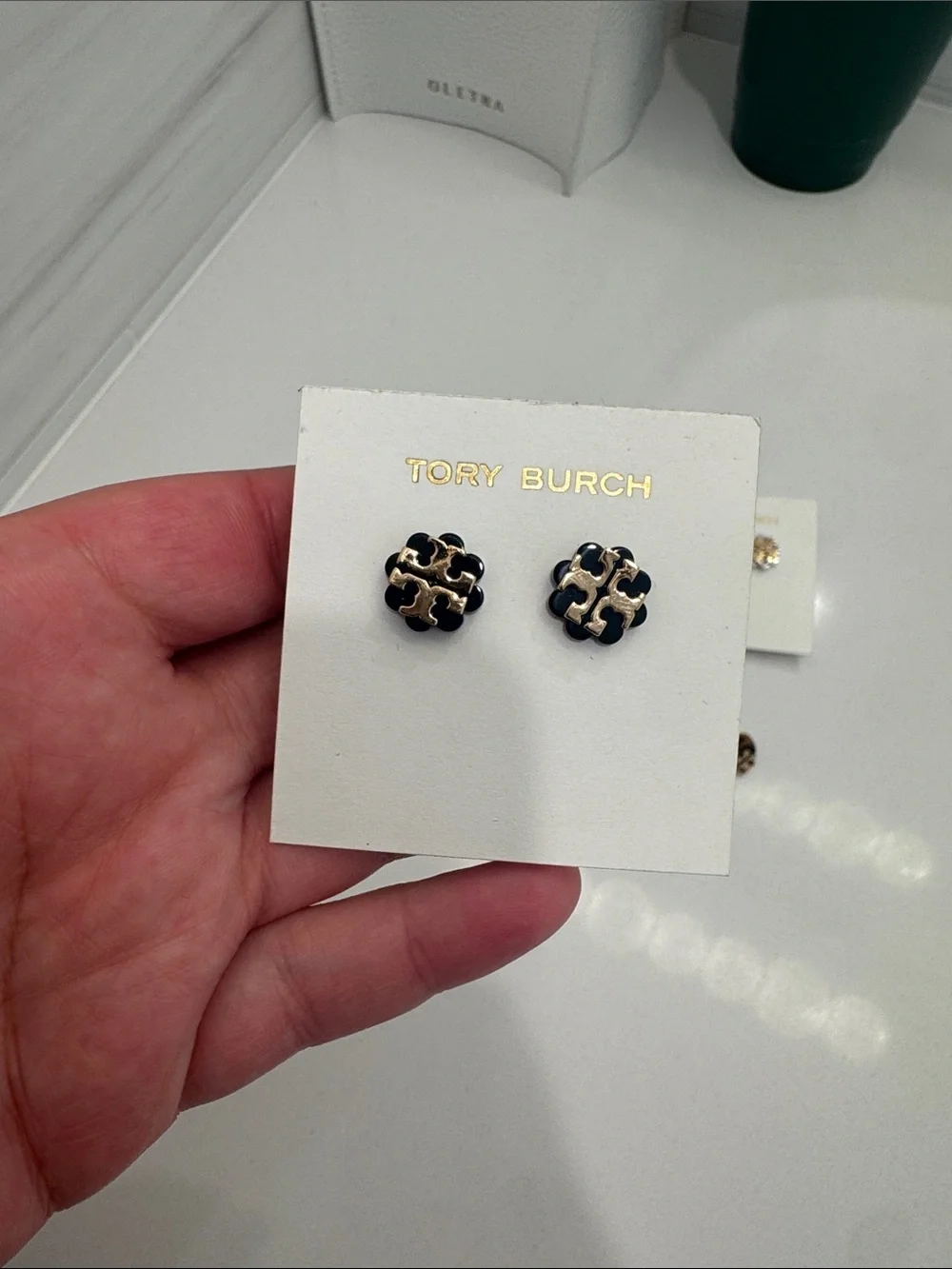 Tory Burch Gold-Trim Logo Stud Earrings in Black and Green